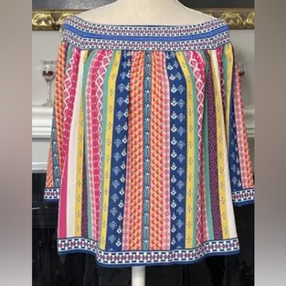 🕕 NWOT | Flying Tomato | Mixed Print OTS 3/4 Sleeves Boho Top | Multicolor | S - Picture 2 of 7